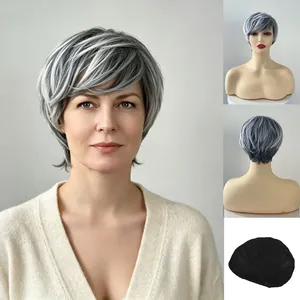 Perruque Courte Lisse Mode Occidentale pour Femmes Mélange Noir Blanc Marron Fibre Synthétique Résistante à la Chaleur Coupe Pixie