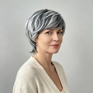 Perruque synthétique courte et dégradée gris mélangé argent pour femme sur un modèle