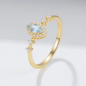 925 Sterling Silver Marquise Sky Blue Topaz Ring For Women Gold Plated Zirconia Halo Geometric Luxury Finger Jewelry Gift