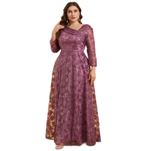 Robe de soirée élégante violette grande taille avec col en V, sequins et broderies