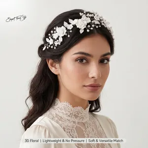 Vigne de Cheveux Mariage Fait à la Main Fleur en Pâte Polymère Blanche Feuille d'Argent Künstliche Perle d'Imitation Serre-tête de Mariée