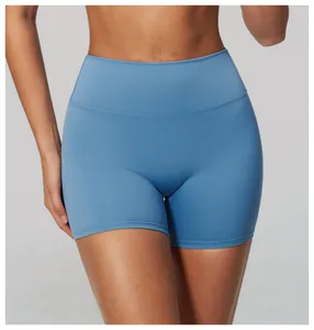 High-waisted dusty blue yoga shorts with a nude-feel finish for athletic fitness wear