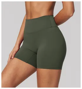 Detailed macro view of olive green high waisted quick-dry yoga shorts for women fitness