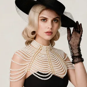 Elegant multi-layer pearl shoulder necklace and body chain for party dresses