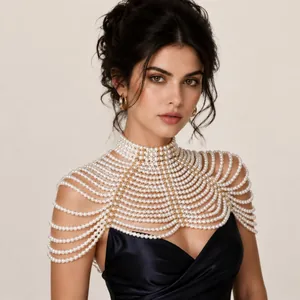 Elegant multi-layered pearl shoulder chain and body jewelry for evening parties