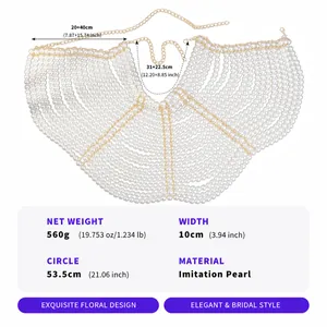 Detailed view of the elegant layered imitation pearl body chain with size specifications.