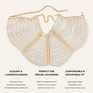 Elegant multi-layer pearl body chain jewelry with adjustable gold chain for weddings and proms