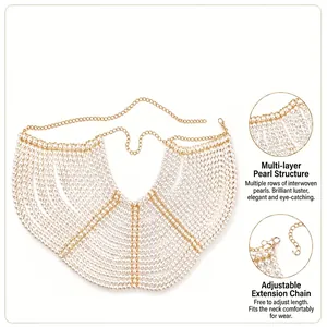 Detail view of multi-layered pearl body chain with adjustable gold extension chain