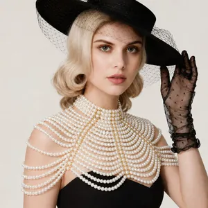 Elegant layered pearl body chain shoulder necklace for party and evening dress decor.