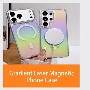 Detail of holographic gradient phone case with magnetic ring for MagSafe charger