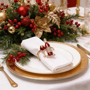 Detailed view of an elegant red wine bottle napkin ring set on a festive Christmas dinner table