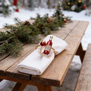 Detailed view of wine bottle napkin ring with red enamel and crystals on white cloth