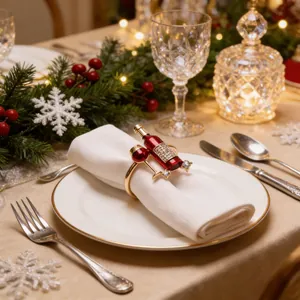Detailed view of a festive red wine bottle napkin ring with crystals on a set dinner table