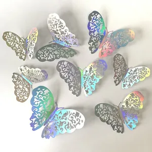 Set of 3D holographic hollow-out butterfly wall stickers with iridescent metallic finish