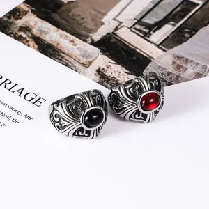 Vintage Gothic Titanium Steel Ring For Men Women Punk Oval Red Black Synthetic Stone Cross Relief Carved Band Ring Jewelry
