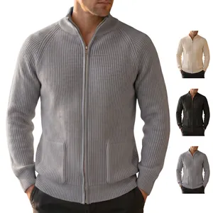 Detailed view of men's ribbed knit zip cardigan showing grey, cream and black options