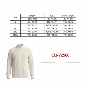 Detailed size chart for men's cream knitted zip-up cardigan with CM and inch units.