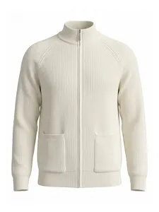 Close-up detail of cream ribbed knit men's cardigan with stand collar and zipper