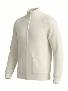 Detailed side view of a men's white knit cardigan with stand collar and zip