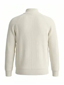Detailed back view of a men's vintage cream ribbed knit cardigan with stand collar