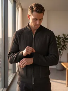 Detailed view of men's British vintage ribbed knit cardigan with stand-up collar and zip