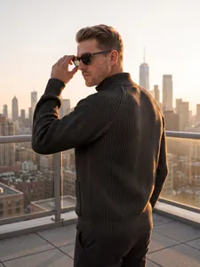 Back view of men's olive green ribbed knit sweater with mock neck in urban sunset
