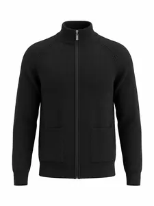 Close-up of men's black knitted zip-up cardigan sweater with elegant stand collar