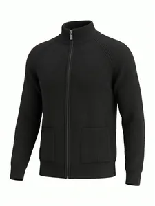 Close-up of black ribbed knit texture on a men's zip-up cardigan with stand collar.