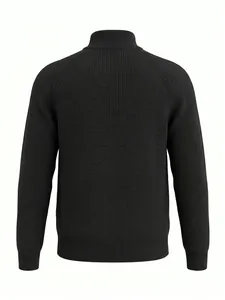Back view of a classic black knitted cardigan with ribbed texture and stand collar.