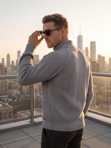 Detailed back view of a grey stand collar knitted cardigan for men in an urban city setting