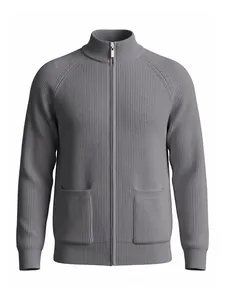 Detailed view of gray men's ribbed knit cardigan featuring stand collar and full zipper