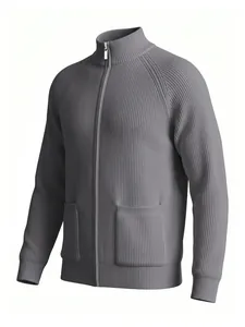 Detailed view of men's grey knitted cardigan featuring high collar and front zip.