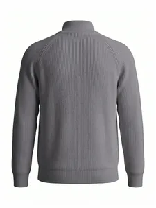 Back view of a grey men's ribbed knit cardigan featuring high collar and long sleeves