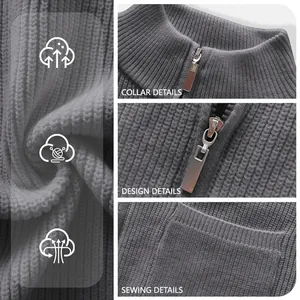 Detail view of men's retro grey knit cardigan with zipper and standing collar.