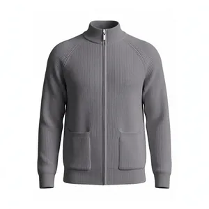 Men's grey ribbed knit cardigan with full zipper and stand collar for autumn and winter