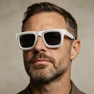 Gros plan de lunettes de soleil rétro blanches pour hommes, style urbain et plein air.