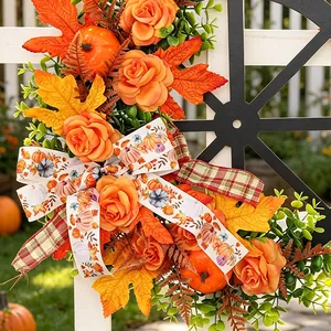 Autumn Wagon Wheel Wreath With Orange Pumpkin Maple Leaves Roses Wooden Frame Harvest Thanksgiving Decor