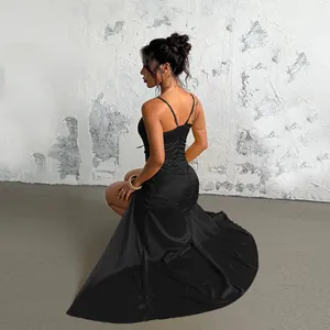 Sexy backless black satin maxi dress with spaghetti straps and high leg slit for evening