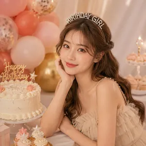 Beautiful Asian girl wearing a sparkling rhinestone Birthday Girl headband for party