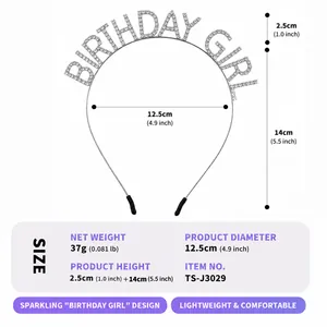 Specifiche dettagliate per la fascia con strass Birthday Girl con dimensioni e peso.