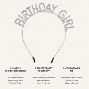 Close-up detail of 'BIRTHDAY GIRL' rhinestone headband for birthday party celebrations