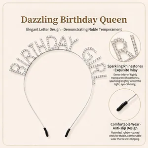 Close-up detail of silver birthday girl headband with sparkling rhinestones