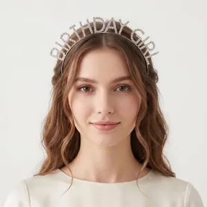 Elegant rhinestone "BIRTHDAY GIRL" headband for party, stylish silver hair accessory.
