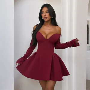 Elegant wine red off-shoulder long sleeve slim fit A-line mini dress for women