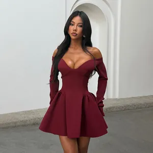 Elegant burgundy off-shoulder mini dress with long sleeves and flattering A-line cut