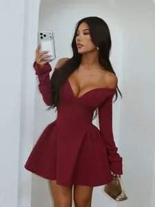 Elegant burgundy off-shoulder long sleeve dress with pleated waist and A-line skirt
