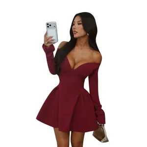 Elegant wine red long sleeve slim fit A-line mini dress featuring a sexy deep V-neckline