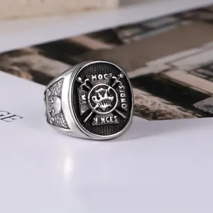 Vintage punk style skull signet ring in titanium steel with engraved Latin text