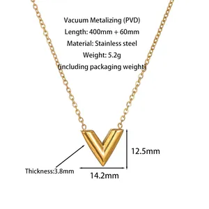 Detailed view of a gold V-letter stainless steel necklace with precise size measurements