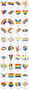 Detailed sheet of colorful rainbow pride temporary tattoo stickers in various shapes